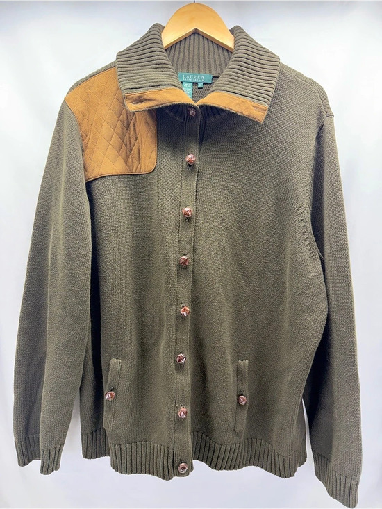 Lauren Ralph Lauren Sweaters - Lauren Ralph Lauren Cardigan Sweater Womens 3X Olive Green Suede Elbow Patch Kni